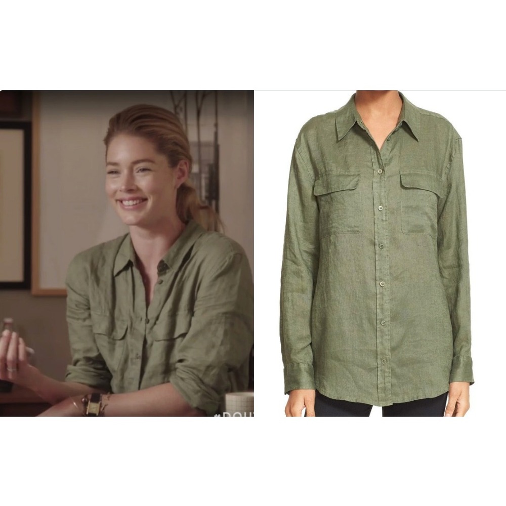 Equipment Olive Green 100% Linen Button Down Utility Shirt Medium - Picture 9 of 9